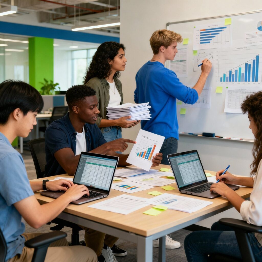 Figure Interns at a collaborative work session. Studies show unpaid interns often do real work for employers %E2%80%93 essentially working for free